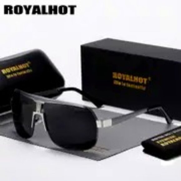 ROYALHOT MEN BLACK W/SILVER RIM POLARIZED SQUARE SUNGLASSES - Picture 1 of 4